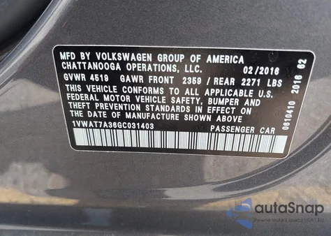 2016 Volkswagen Passat 1.8T S from USA, damaged, VIN 1VWAT7A36GC031403